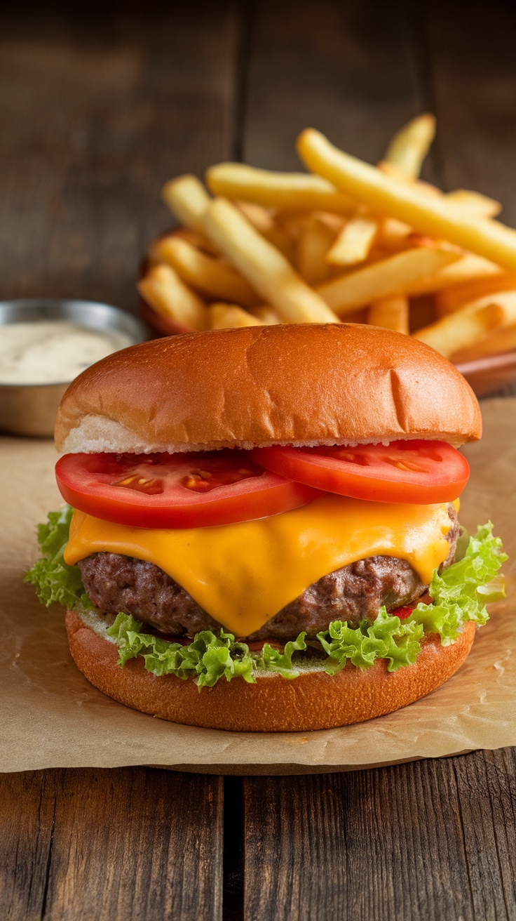 Juicy air fryer cheeseburger with melted cheese, lettuce, and tomato on a bun, served with fries.